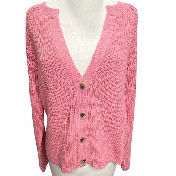 Talbots Shaker Stitch Cardigan Women L Pink Soft Cotton Knit Sweater Chunky Cozy - Picture 3 of 15